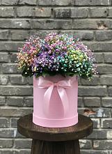 Цветочная композиция из Гипсофила и Розы в шляпной коробке в Пласте