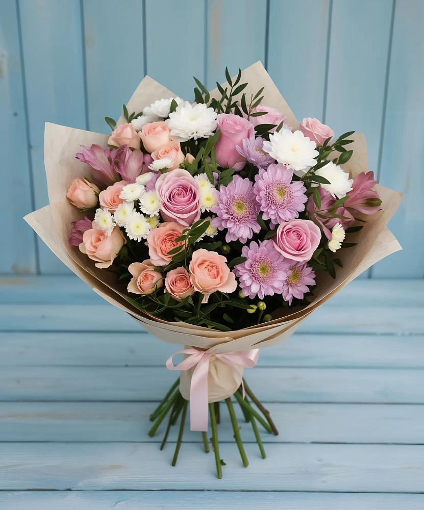 Букет цветов из: Хризантемы, Розы и Альстромерии в Пласте