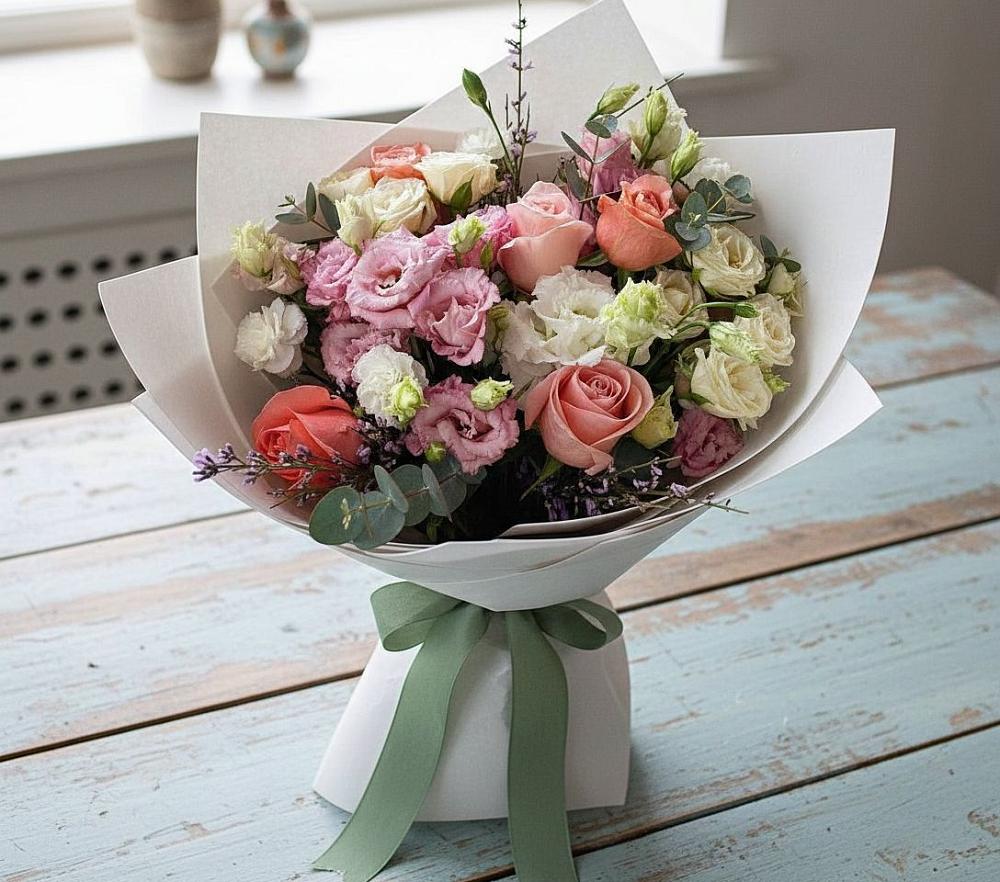 Букет цветов из: Розы, Лизиантусы и Гвоздики в Пласте