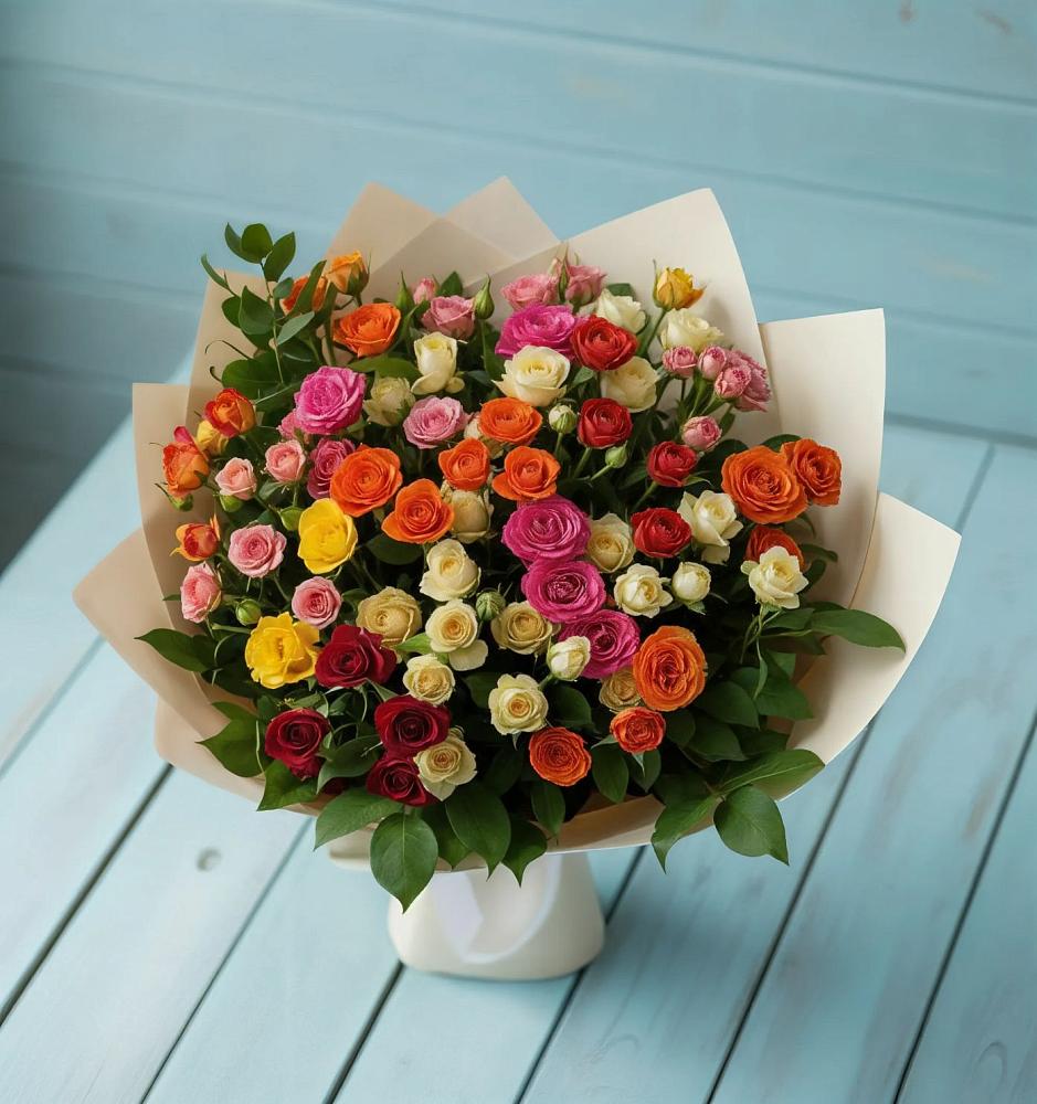 Букет Микс из разноцветных кустовых роз в Пласте