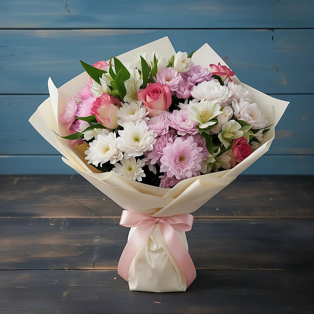 Букет цветов из: Хризантемы, Альстромерии и Розы в Пласте